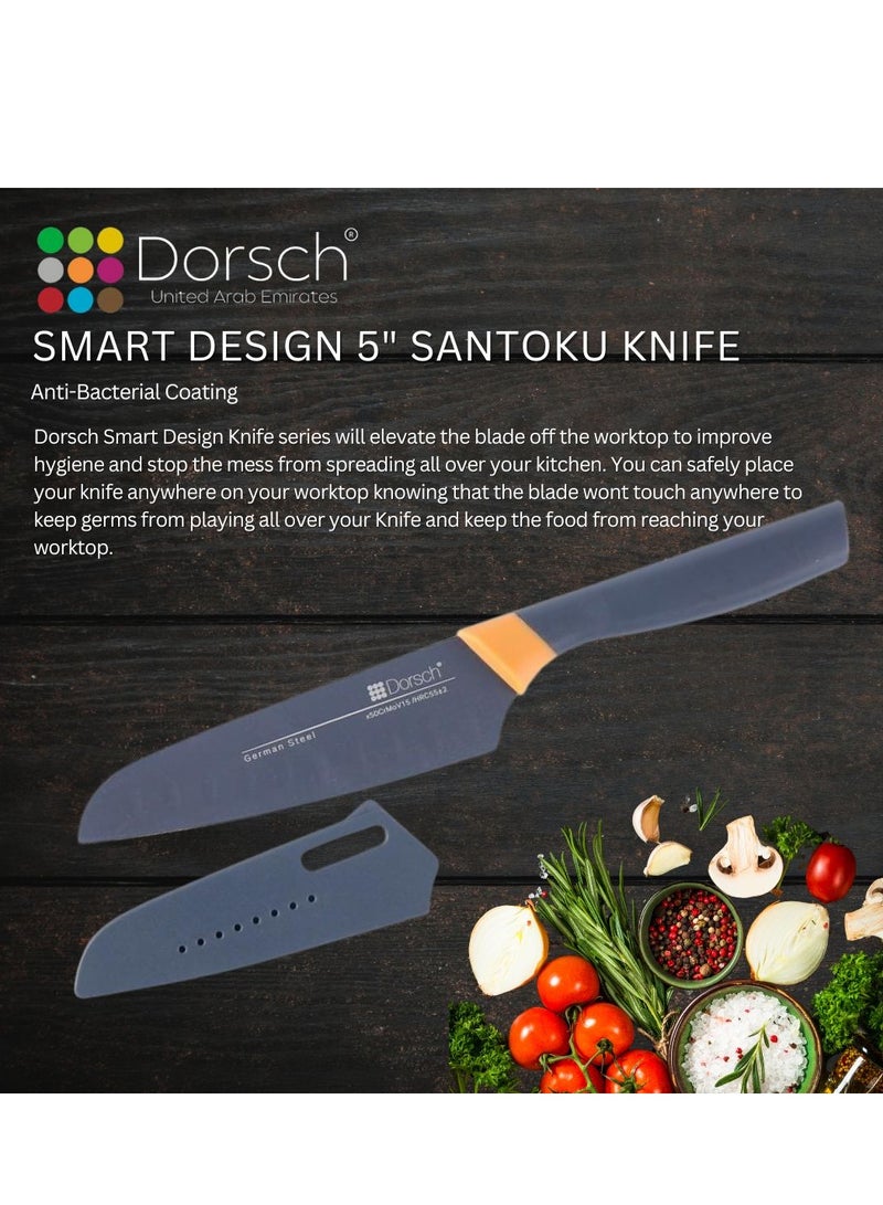 Dorsch Danish Design 5-Inch Santoku Knife | Japanese Stainless Steel Blade | Ultra-Sharp Hollow Edge for Precision Cutting | Protective Sheath Included | Rust-Resistant Non-Stick Coating | Ergonomic Handle for Comfort | Professional Chef's Kitchen Tool - Image 4