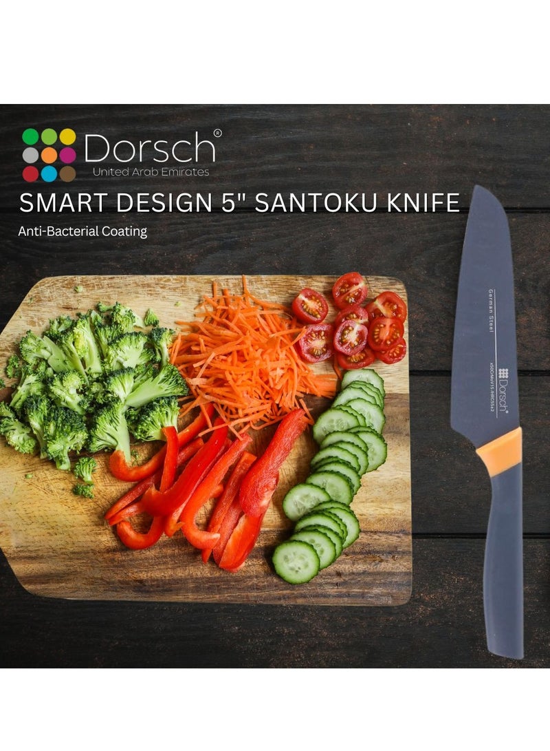 Dorsch Danish Design 5-Inch Santoku Knife | Japanese Stainless Steel Blade | Ultra-Sharp Hollow Edge for Precision Cutting | Protective Sheath Included | Rust-Resistant Non-Stick Coating | Ergonomic Handle for Comfort | Professional Chef's Kitchen Tool - Image 2