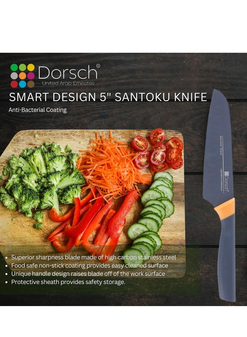 Dorsch Danish Design 5-Inch Santoku Knife | Japanese Stainless Steel Blade | Ultra-Sharp Hollow Edge for Precision Cutting | Protective Sheath Included | Rust-Resistant Non-Stick Coating | Ergonomic Handle for Comfort | Professional Chef's Kitchen Tool - Image 3