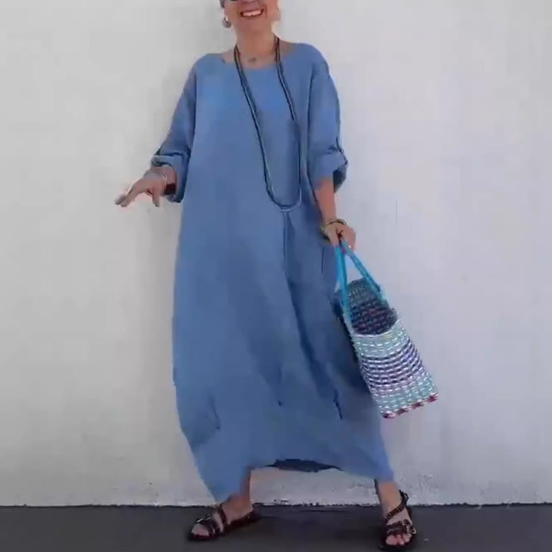 In-Stock 2024 Popular Cotton And Linen Women'S Summer Casual Solid Color Pocket Round Neck Long Dress - Image 2