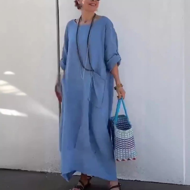 In-Stock 2024 Popular Cotton And Linen Women'S Summer Casual Solid Color Pocket Round Neck Long Dress - Image 3