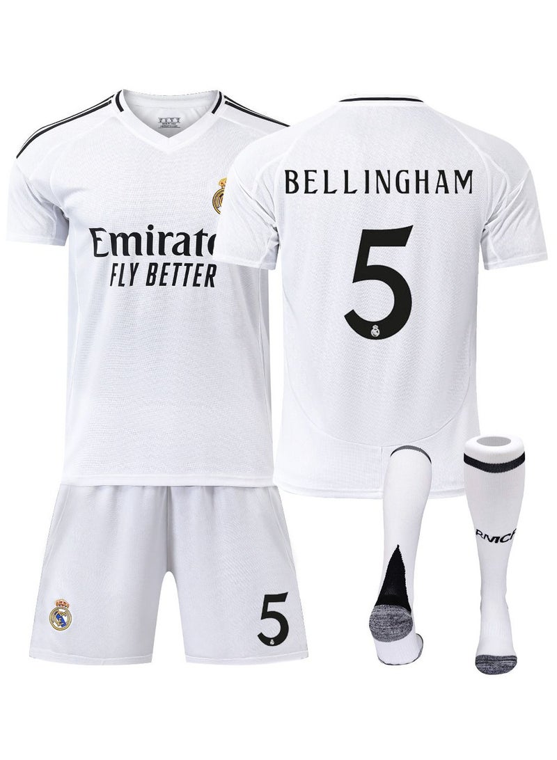 Children's Soccer Jersey, 23/24 New Season 3-Piece Jersey Set, Real Real Madrid home white Bellingham #5 jersey, Shorts And Socks Set, Children's And Youth Sizes, Soccer Jersey Gift Set
