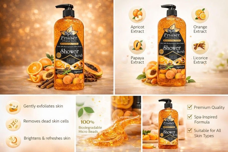 Fruiser Shower Scrub Exfoliating Body Scrub for Smooth & Glowing Skin – Deep Cleansing Moisturizing Shower Exfoliator for All Skin Types, 730ml (Apricot) - Image 3