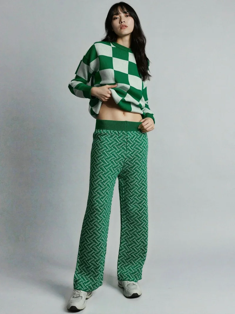 MY FASHION Green MY FASHION Patterned Pull-On Knit Pants with Elastic Waist for Women | Best Price UAE