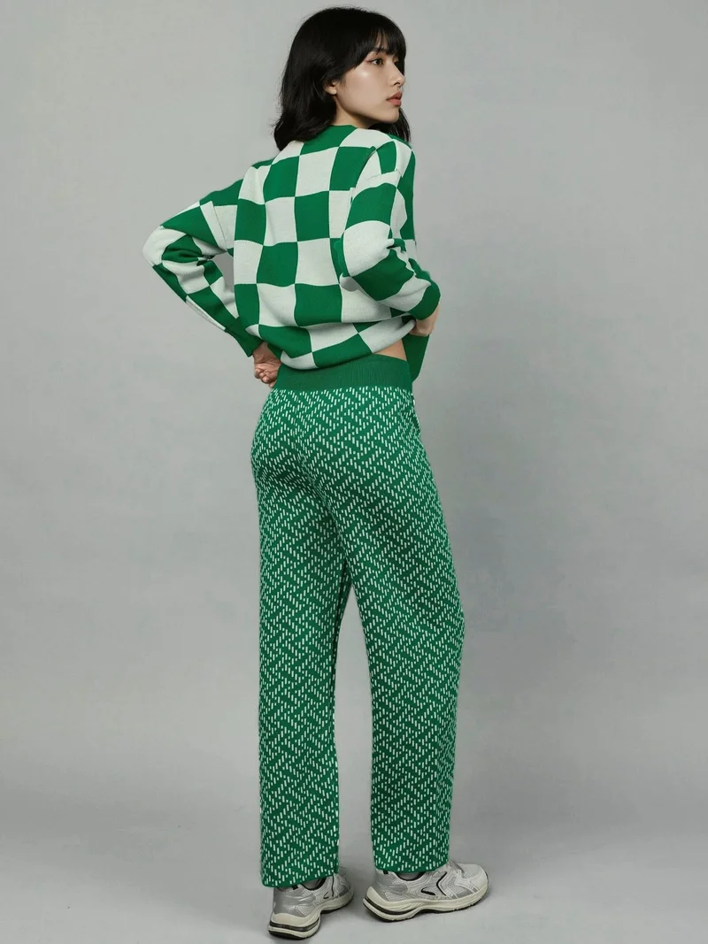 MY FASHION Green MY FASHION Patterned Pull-On Knit Pants with Elastic Waist for Women | Best Price UAE