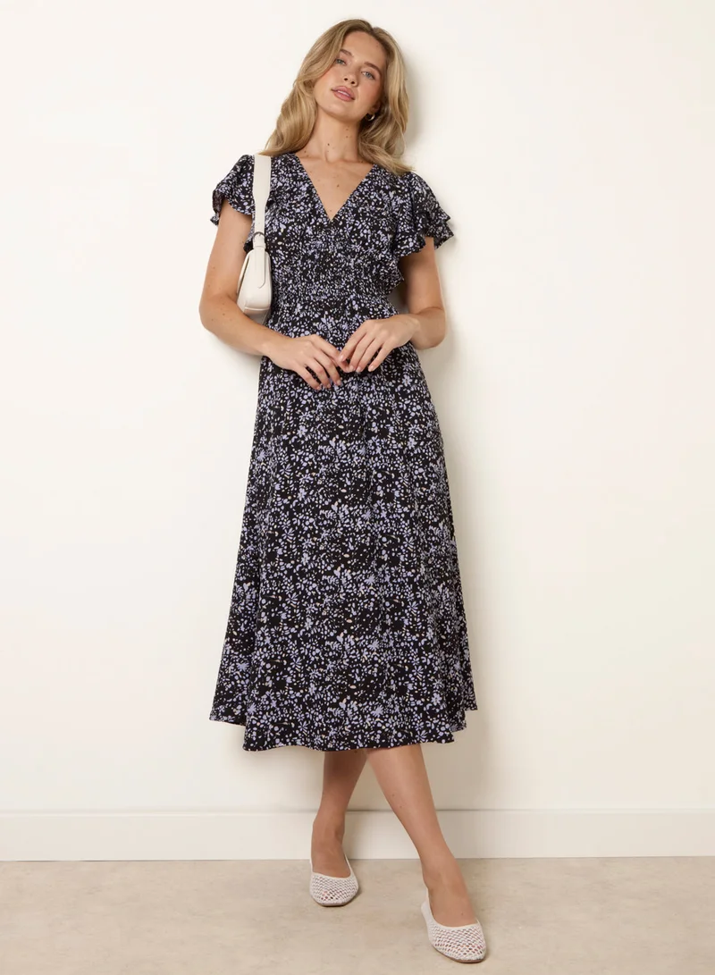 V Neck Flutter Midi Dress
