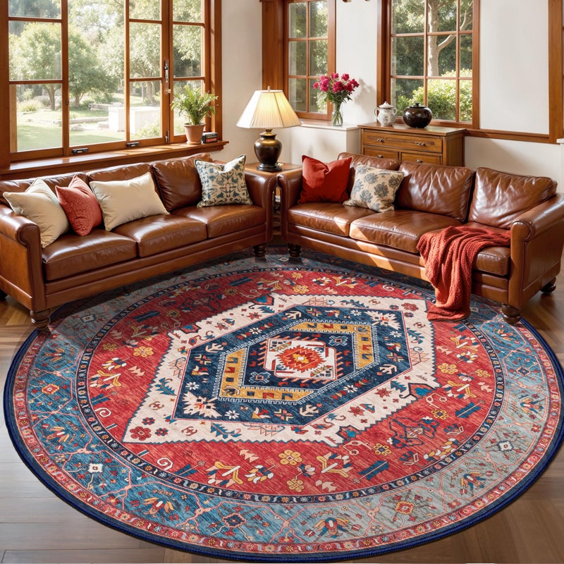 SERISSA Boho Round Area Rug, 6ft Washable Non-Slip Circle Rug, Ultra Soft Oriental Vintage Rust Low-Pile Circular Carpet for Bedroom Entryway Kids Room Office College Dorm Living Room - Image 1