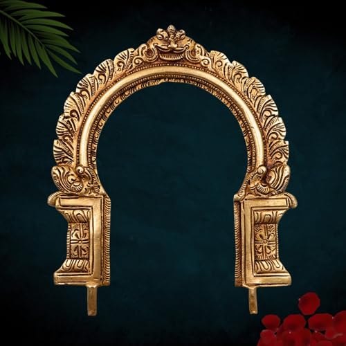 Bhunes Brass Prabhavali Tiruvachi Thiruvasi Arch Frame Prabhamandala Temple Deity Murti Stand for Vishnu Lakshmi Ganesha Shiva Krishna Idol, Gold, 9 Inch, 1 Piece - Image 1