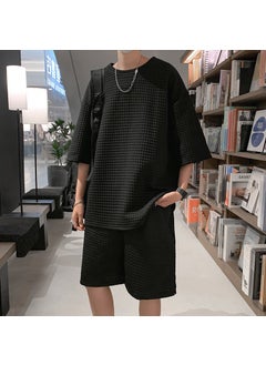Waffle Sports Suit for Boys with a Set of Handsome Short-Sleeved T-Shirts Trendy Brand Ins Summer Heavyweight Black suit