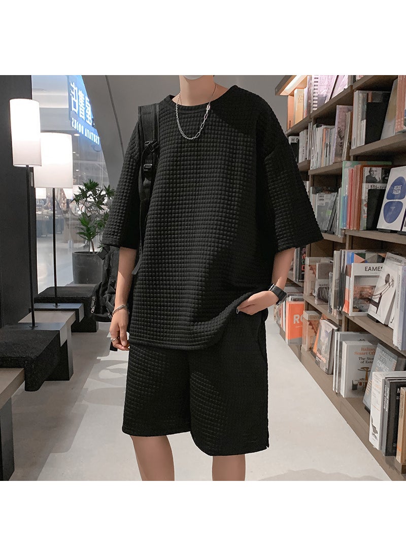 Generic - Waffle Sports Suit for Boys with a Set of Handsome Short-Sleeved T-Shirts Trendy Brand Ins Summer Heavyweight Black suit - Image 1