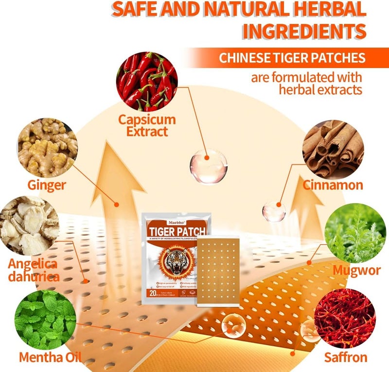 Maebho 60PCS Chinese Tiger Patches,Tiger Back Patch, Ultra Strength Capsicum Heat Patches for Muscle Joint Shoulder Neck Knee Back (3 Packs 20 Each) - Image 2