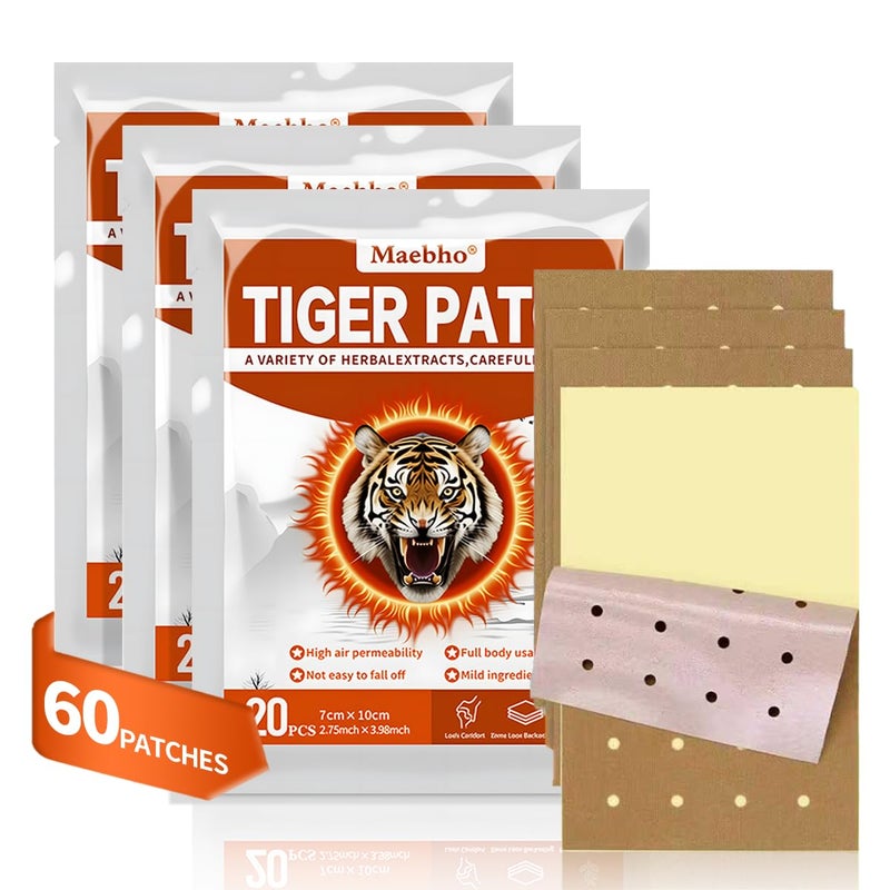 Maebho 60PCS Chinese Tiger Patches,Tiger Back Patch, Ultra Strength Capsicum Heat Patches for Muscle Joint Shoulder Neck Knee Back (3 Packs 20 Each) - Image 1