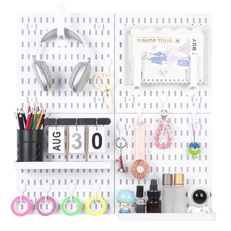 Colville White Pegboard Wall Organizer Kit 4 Pcs 12 x 12 in ABS Plastic Peg Board Panels with 10 Small Hooks 2 Big Hooks 2 Shelves Wall Mounted Pegboard for Desk Craft Room Office and Kitchen Storage - Image 2