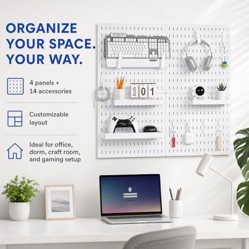 Colville White Pegboard Wall Organizer Kit 4 Pcs 12 x 12 in ABS Plastic Peg Board Panels with 10 Small Hooks 2 Big Hooks 2 Shelves Wall Mounted Pegboard for Desk Craft Room Office and Kitchen Storage - Image 3