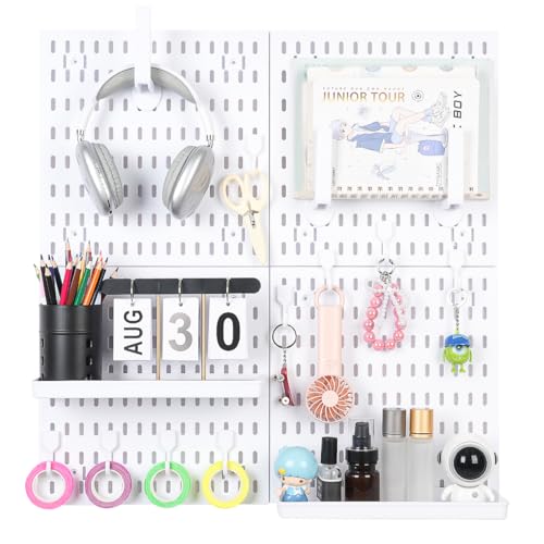 Colville White Pegboard Wall Organizer Kit 4 Pcs 12 x 12 in ABS Plastic Peg Board Panels with 10 Small Hooks 2 Big Hooks 2 Shelves Wall Mounted Pegboard for Desk Craft Room Office and Kitchen Storage - Image 1