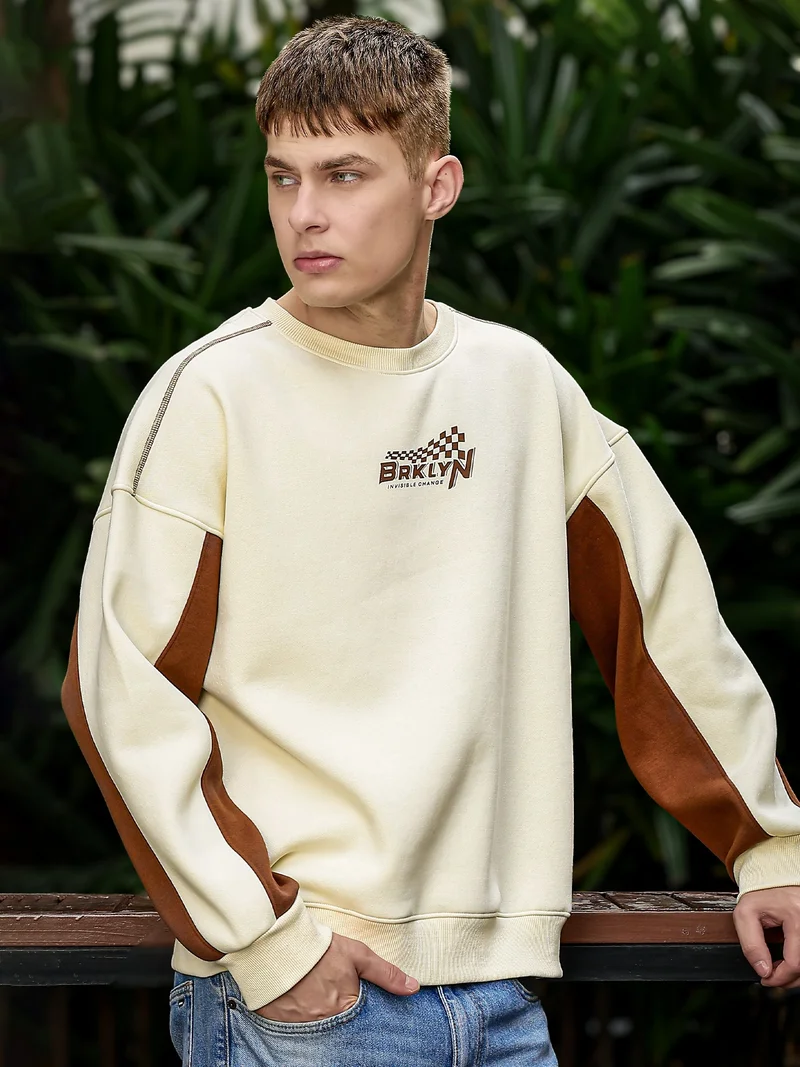 Maniac  Maniac Mens Printed Round Neck Full Sleeve Creamd & Brown Fleece Sweatshirt for Men | Best Price UAE