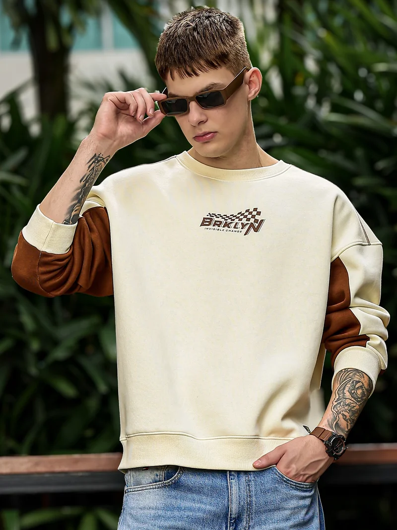 مانياك Maniac Mens Printed Round Neck Full Sleeve Creamd & Brown Fleece Sweatshirt