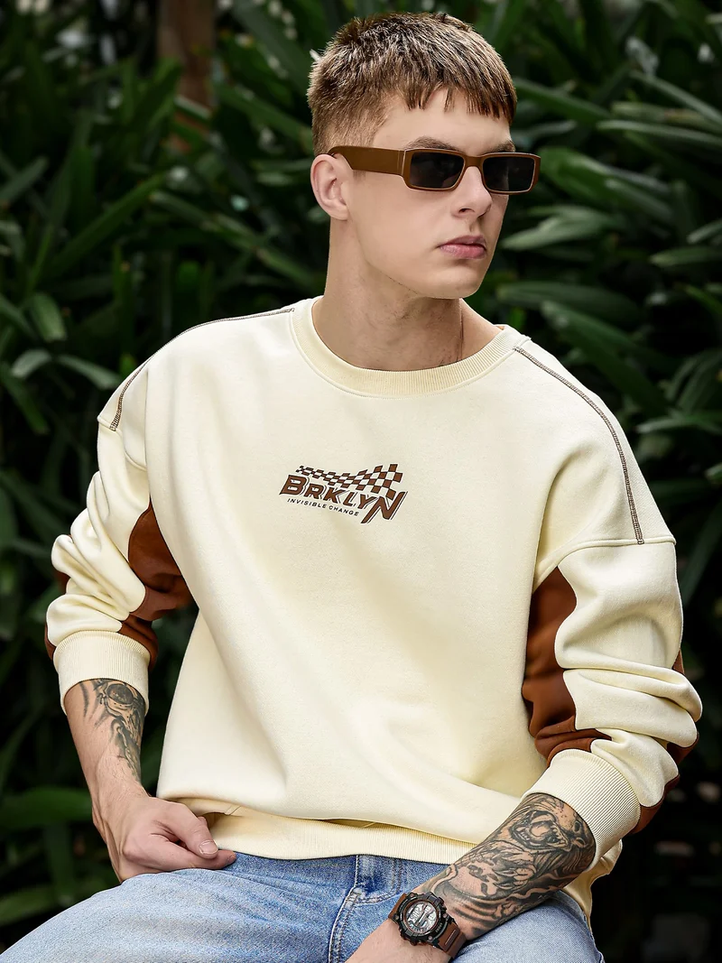 مانياك Maniac Mens Printed Round Neck Full Sleeve Creamd & Brown Fleece Sweatshirt