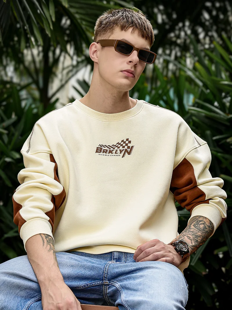 Maniac  Maniac Mens Printed Round Neck Full Sleeve Creamd & Brown Fleece Sweatshirt for Men | Best Price UAE
