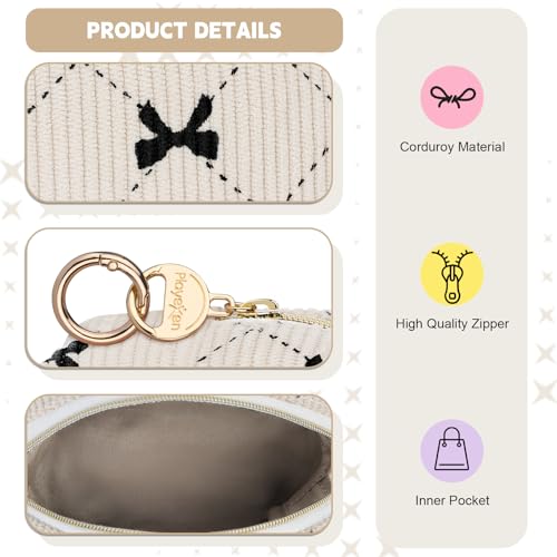 Playexen Mini Makeup Bag, Corduroy Small Cosmetic Bag for Purse with Ring Buckle, Bow Tie Travel Makeup Pouch for Lipsticks, Chapsticks, Coin, Earphone, Credit Card (Beige) - Image 3