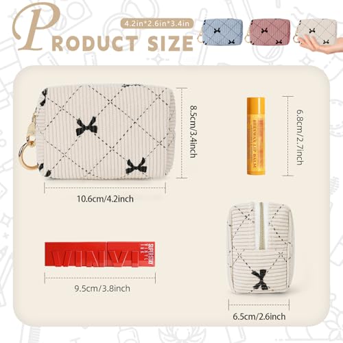 Playexen Mini Makeup Bag, Corduroy Small Cosmetic Bag for Purse with Ring Buckle, Bow Tie Travel Makeup Pouch for Lipsticks, Chapsticks, Coin, Earphone, Credit Card (Beige) - Image 2