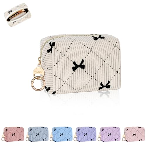 Playexen Mini Makeup Bag, Corduroy Small Cosmetic Bag for Purse with Ring Buckle, Bow Tie Travel Makeup Pouch for Lipsticks, Chapsticks, Coin, Earphone, Credit Card (Beige) - Image 1