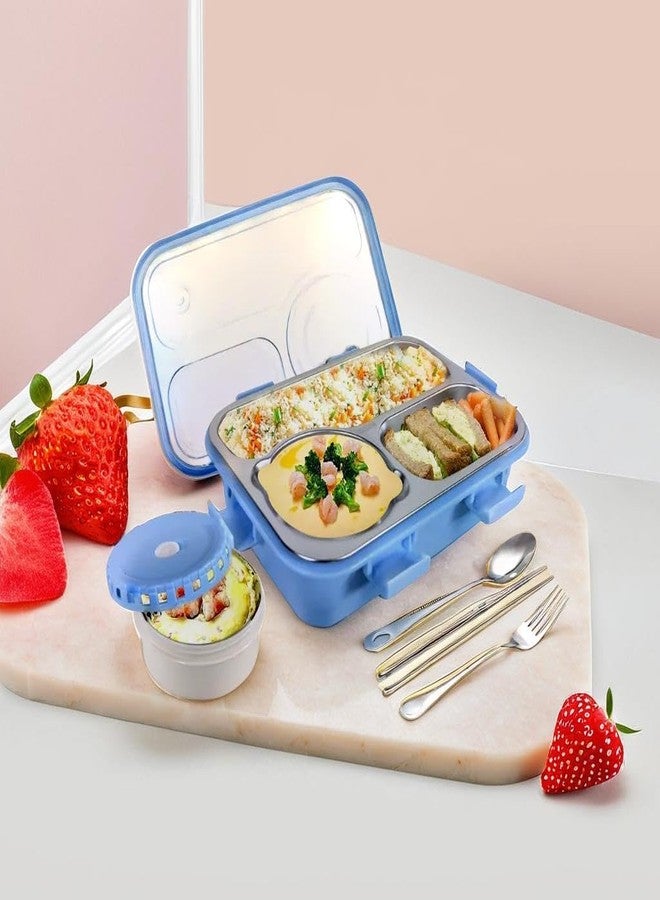 LEDHOLYT Stainless Steel Insulated Lunch Box with 3 Compartments, Spoon Fork and Chopsticks Set-BPA Free Food Storage Tiffin Box for Kids and Adults-School Office Travel Lunch Container (Blue) - Image 2
