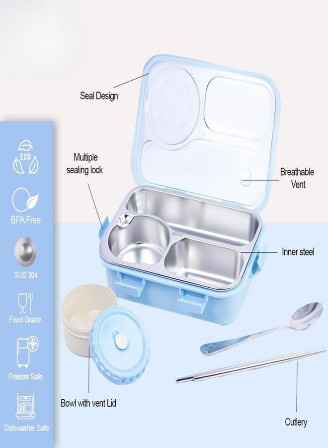 LEDHOLYT Stainless Steel Insulated Lunch Box with 3 Compartments, Spoon Fork and Chopsticks Set-BPA Free Food Storage Tiffin Box for Kids and Adults-School Office Travel Lunch Container (Blue) - Image 5