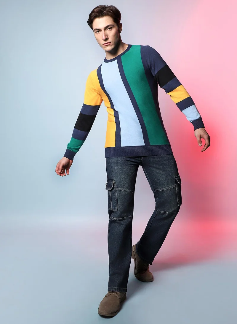 Campus Sutra Men's Multicolour Contrast Panel Relaxed Pullover Sweater