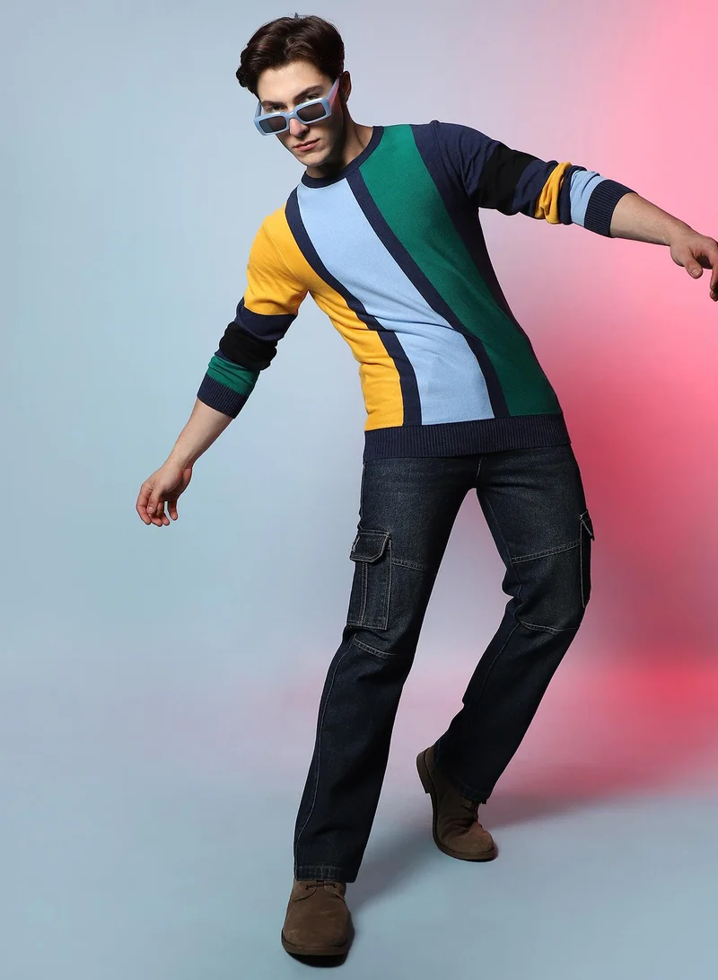 Campus Sutra Men's Multicolour Contrast Panel Relaxed Pullover Sweater