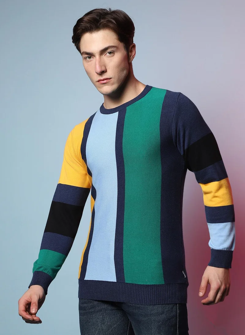 Campus Sutra Men's Multicolour Contrast Panel Relaxed Pullover Sweater