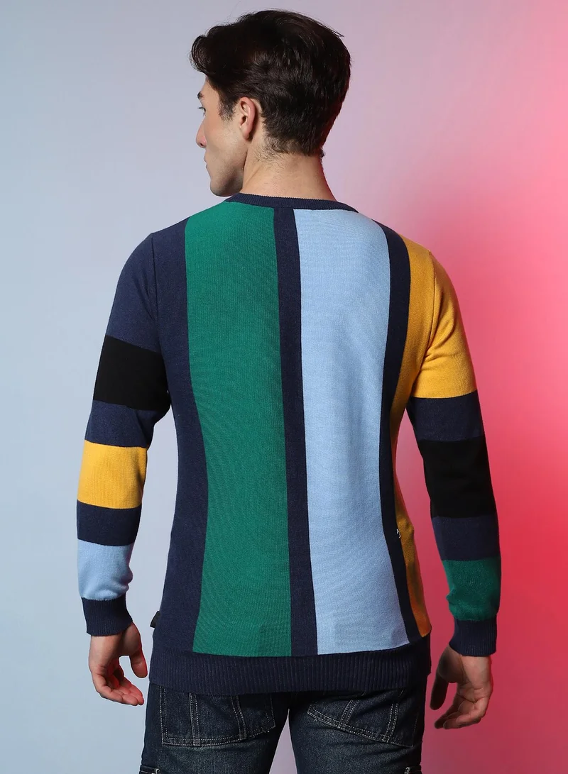 Campus Sutra Men's Multicolour Contrast Panel Relaxed Pullover Sweater