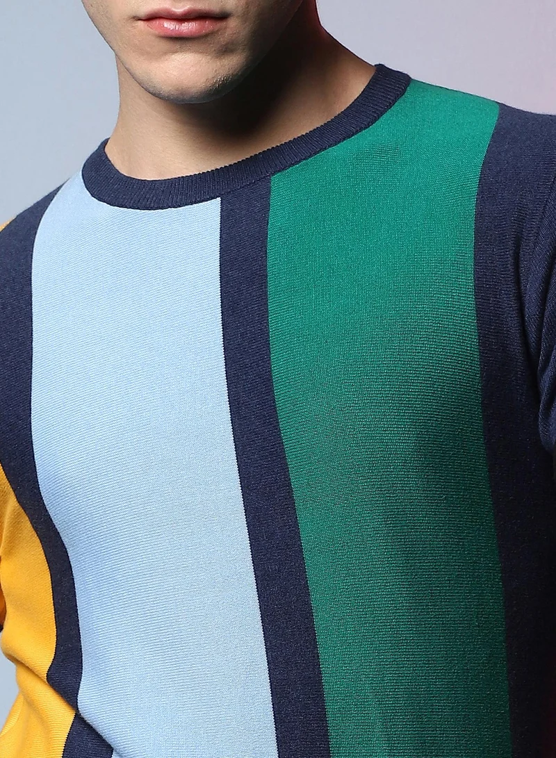 Campus Sutra Men's Multicolour Contrast Panel Relaxed Pullover Sweater
