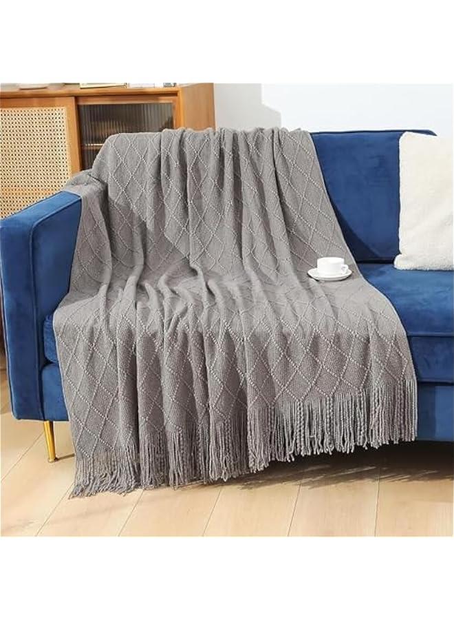 HOOKOR Knitted Throw Blankets for Couch and Bed, Soft Cozy Knit Blanket with Tassel, Off White Lightweight Decorative Blankets and Throws, Farmhouse Warm Woven Blanket,130 * 180cm (Dark gray) - Image 1