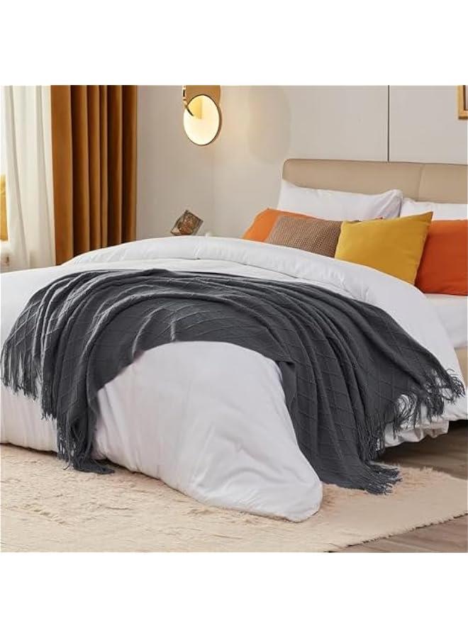 HOOKOR Knitted Throw Blankets for Couch and Bed, Soft Cozy Knit Blanket with Tassel, Off White Lightweight Decorative Blankets and Throws, Farmhouse Warm Woven Blanket,130 * 180cm (Dark gray) - Image 4