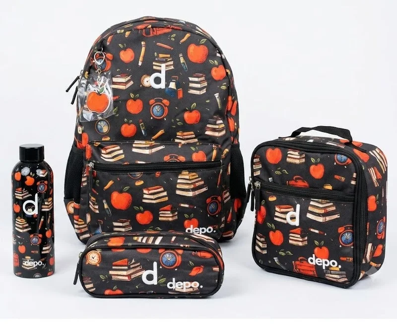 Depo 4-Piece School Backpack Set – 44cm Backpack with Insulated Lunch Bag, Pencil Case & 500ml BPA-Free Water Bottle | Lightweight, Durable & Perfect for School