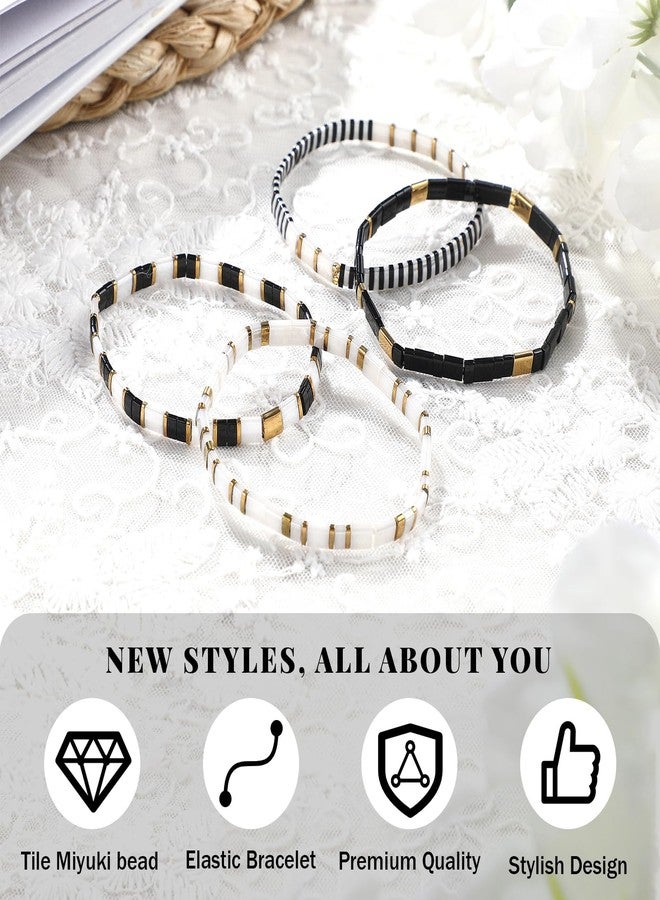 Jadive 4 Pcs Tila Flat Beaded Stretch Bracelets for Women Bohemian Friendship Bead Bracelets Glass Cute Boho Style Square Beaded Decorations for Jewelry Friend Gifts(Black and White) - Image 5