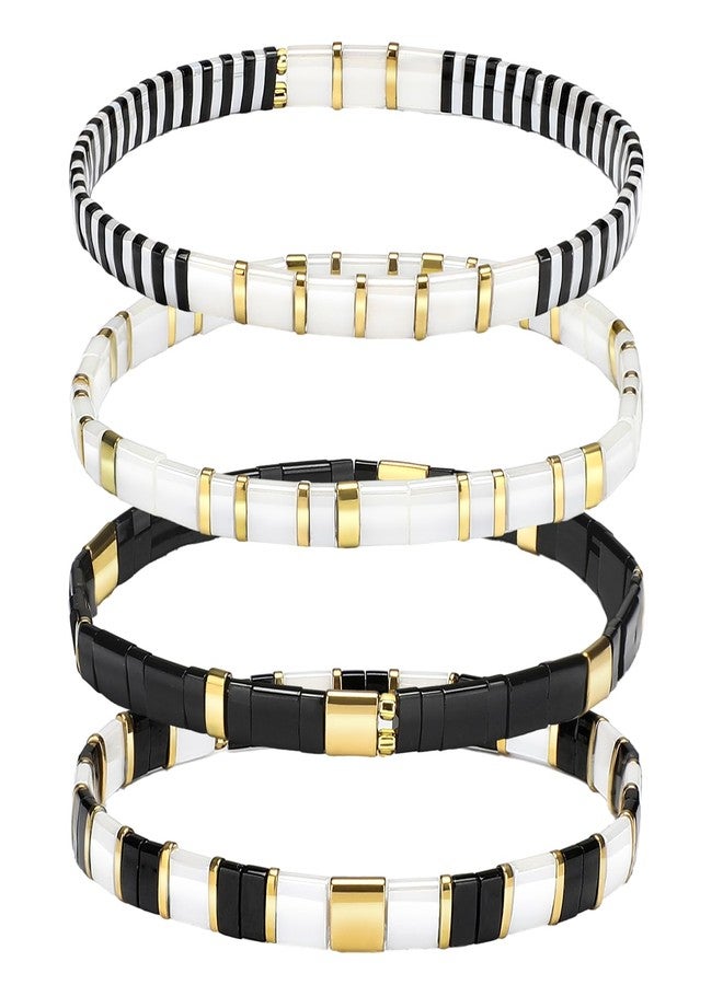 Jadive 4 Pcs Tila Flat Beaded Stretch Bracelets for Women Bohemian Friendship Bead Bracelets Glass Cute Boho Style Square Beaded Decorations for Jewelry Friend Gifts(Black and White) - Image 1