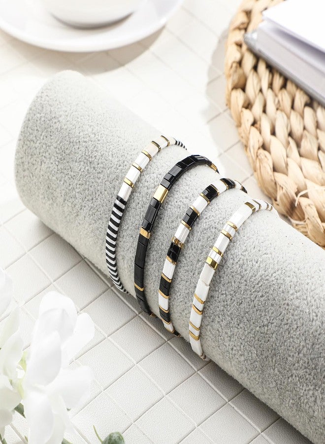 Jadive 4 Pcs Tila Flat Beaded Stretch Bracelets for Women Bohemian Friendship Bead Bracelets Glass Cute Boho Style Square Beaded Decorations for Jewelry Friend Gifts(Black and White) - Image 4