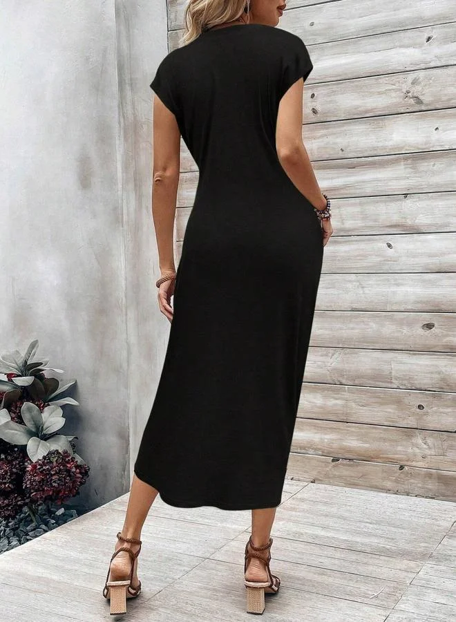 تايك تو Black Bodycon Midi Dress with Knot Detail