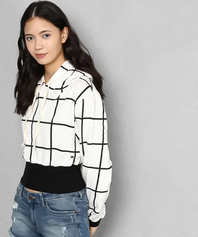 PINACOLADA Women's Cloud White Grid-Check Cropped Hoodie