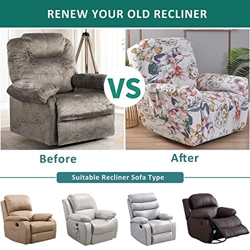 NILUOH Stretch Recliner Cover 4 Pieces Printed Lazy Boy Chair Covers Floral Patterned Recliner Sofa Slipcover Anti-Slip Fitted Furniture Protector with Elastic Bottom, A2 - Image 4