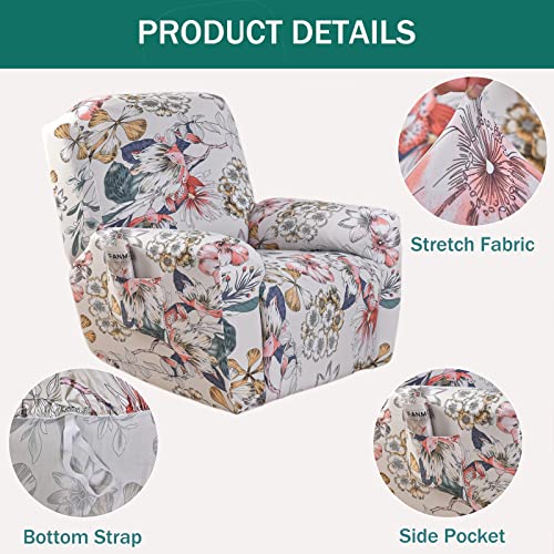 NILUOH Stretch Recliner Cover 4 Pieces Printed Lazy Boy Chair Covers Floral Patterned Recliner Sofa Slipcover Anti-Slip Fitted Furniture Protector with Elastic Bottom, A2 - Image 3