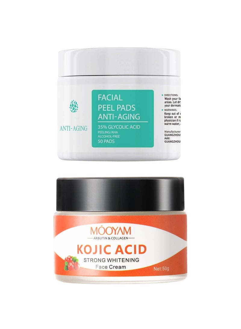 MOOYAM Glycolic Acid Facial Peel Pads & Kojic Acid Brightening Cream 35% Glycolic Acid, 10% Glycolic Acid and 2% Salicylic Acid Anti Aging and Acne Treatment for All Skin Types - Image 1