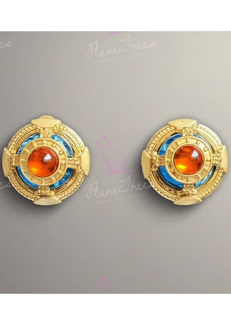 أشجار الطائرة أقراط دائرية من PLANE TREES – تصميم ذهبي عتيق مع حجر كهرماني وزخارف زرقاء – مجوهرات بوهو أنيقة للنساء - Image 1