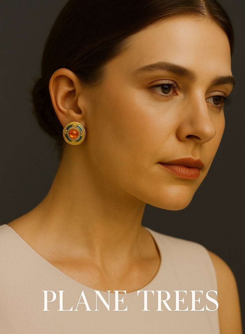 أشجار الطائرة أقراط دائرية من PLANE TREES – تصميم ذهبي عتيق مع حجر كهرماني وزخارف زرقاء – مجوهرات بوهو أنيقة للنساء - Image 3