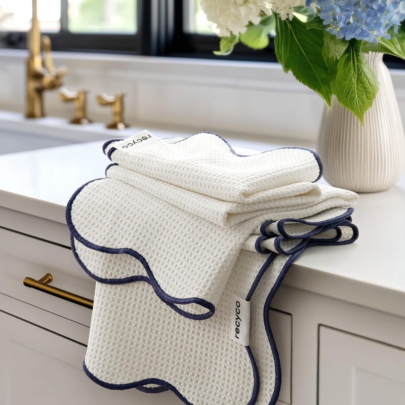 RECYCO Waffle Kitchen Towel Set of 2 - Quick Dry Microfiber Sustainable Dish Towels - Ultra Absorbent Reusable Cleaning Tea Towels - Lightweight Hand Towels,16â€x 28â€, Navy Blue - Image 1