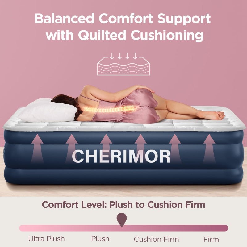 CHERIMOR Twin XL Air Mattress with Built-in Pump & Luxury Quilted Topper, 80" Length, 20" Height, 2.5 Min Fast Inflation, 500lbs Support, Blow up Mattress with Carry Bag for Guest, Camping & Home - Image 5