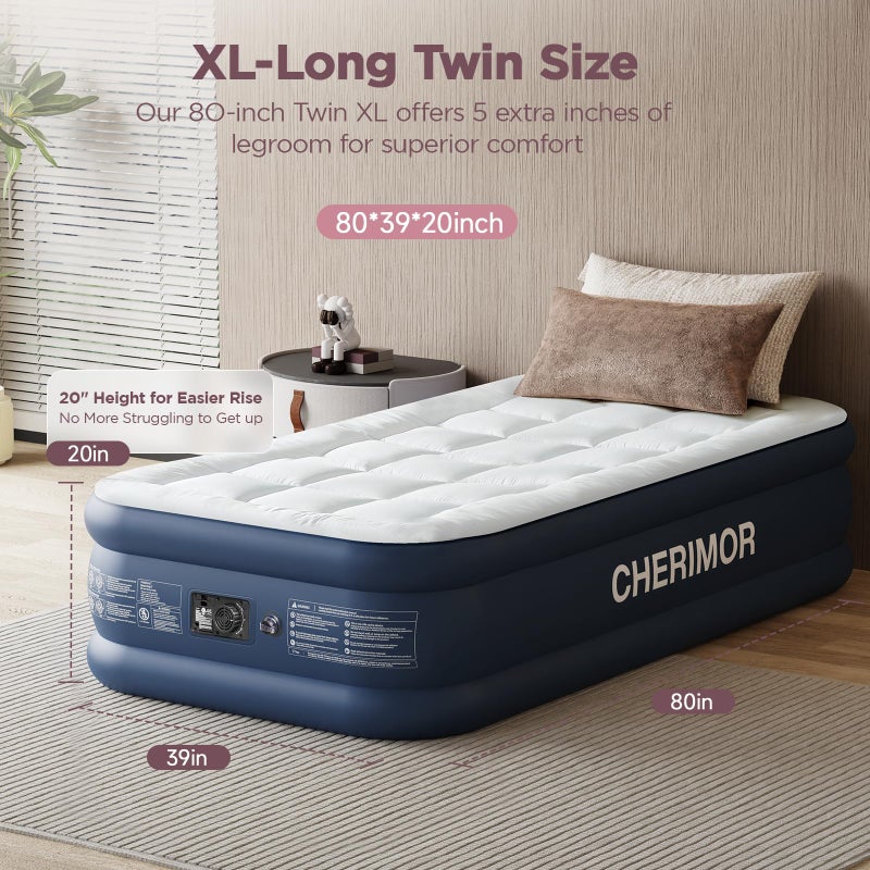 CHERIMOR Twin XL Air Mattress with Built-in Pump & Luxury Quilted Topper, 80" Length, 20" Height, 2.5 Min Fast Inflation, 500lbs Support, Blow up Mattress with Carry Bag for Guest, Camping & Home - Image 4