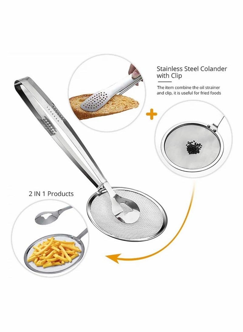 Colander Spoon with Clip 2-in-1 Kitchen Stainless Steel Filter Spoon With Food Clip Oil Filter Grid Scoop Fryer Tongs Frying Mesh Colander Kitchen Tools Accessories - Image 2